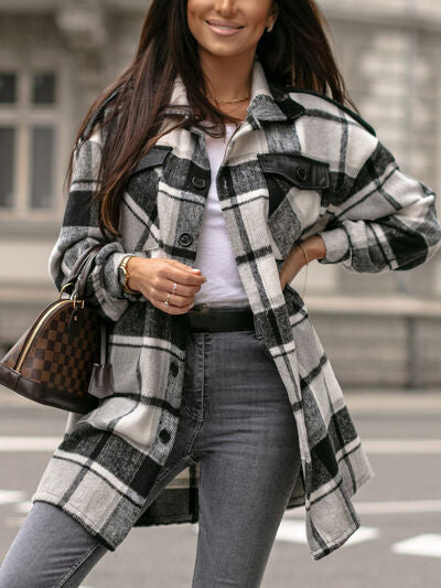 Pocketed Plaid Button Up Dropped Shoulder Shacket Luvéillé