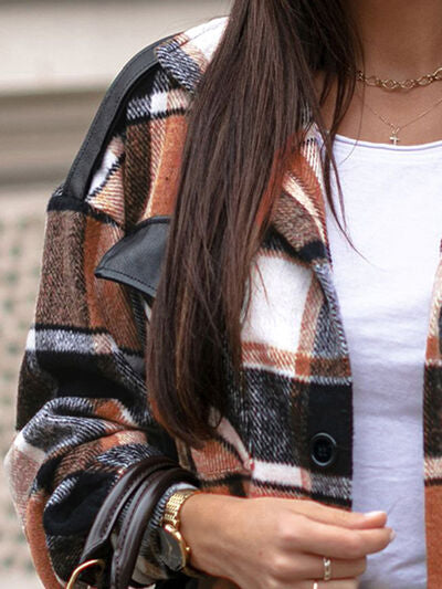 Pocketed Plaid Button Up Dropped Shoulder Shacket Luvéillé