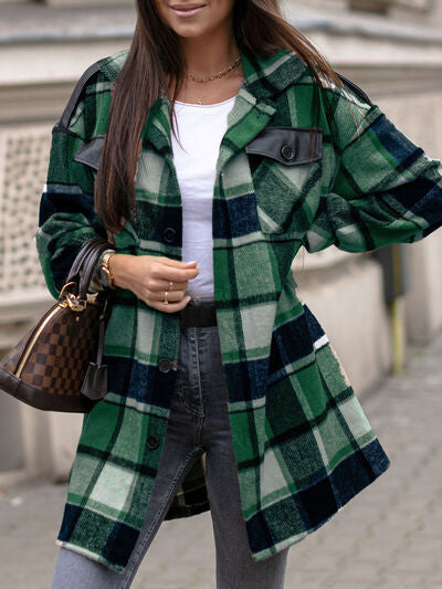 Pocketed Plaid Button Up Dropped Shoulder Shacket Luvéillé