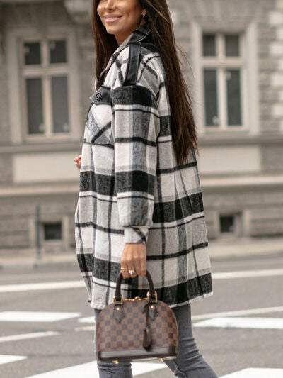 Pocketed Plaid Button Up Dropped Shoulder Shacket Luvéillé