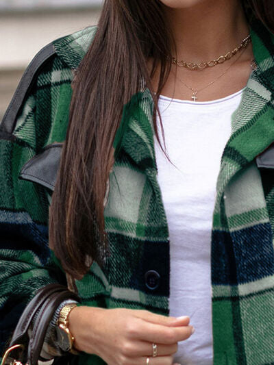 Pocketed Plaid Button Up Dropped Shoulder Shacket Luvéillé