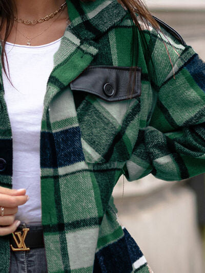 Pocketed Plaid Button Up Dropped Shoulder Shacket Luvéillé