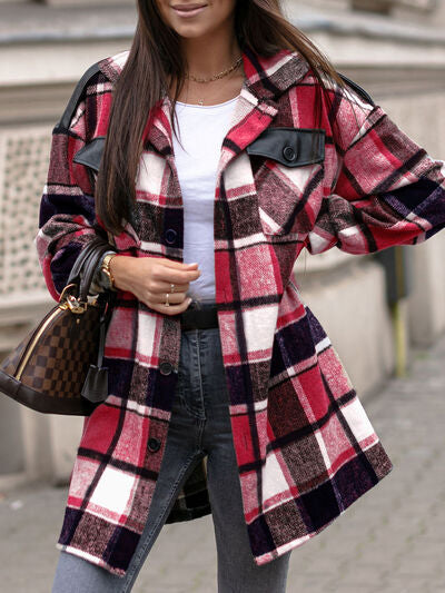 Pocketed Plaid Button Up Dropped Shoulder Shacket Luvéillé