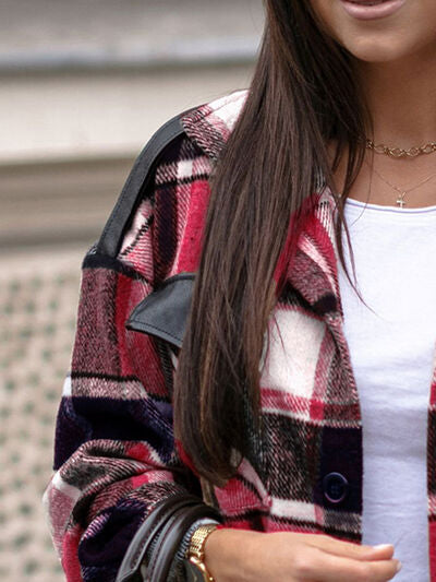 Pocketed Plaid Button Up Dropped Shoulder Shacket Luvéillé
