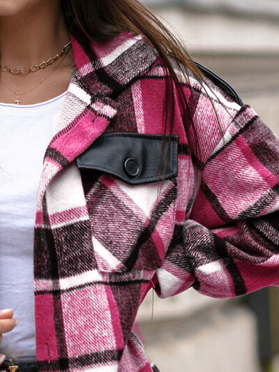 Pocketed Plaid Button Up Dropped Shoulder Shacket Luvéillé