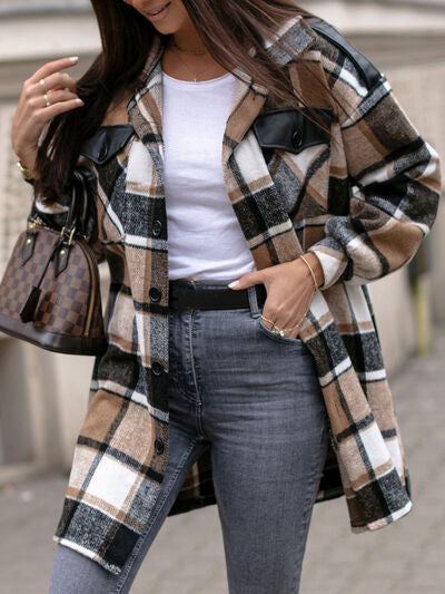 Pocketed Plaid Button Up Dropped Shoulder Shacket Luvéillé