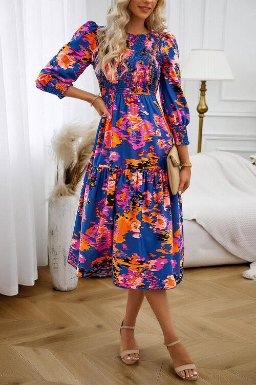 Printed Smocked Lantern Sleeve Ruffled Dress Luvéillé