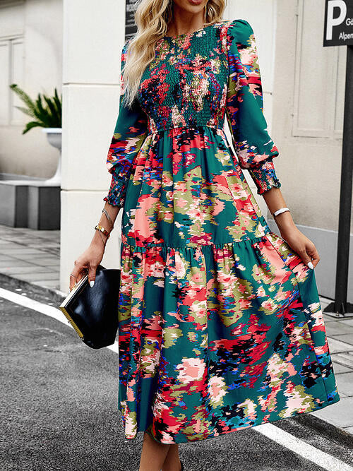 Printed Smocked Lantern Sleeve Ruffled Dress Luvéillé