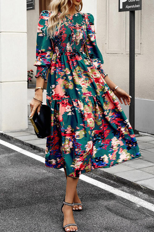 Printed Smocked Lantern Sleeve Ruffled Dress Luvéillé