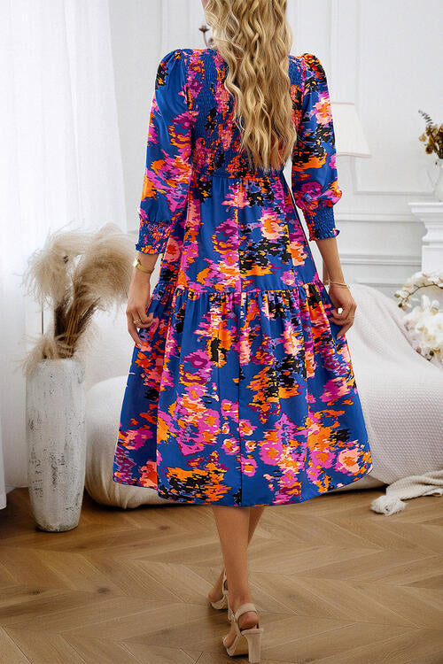 Printed Smocked Lantern Sleeve Ruffled Dress Luvéillé