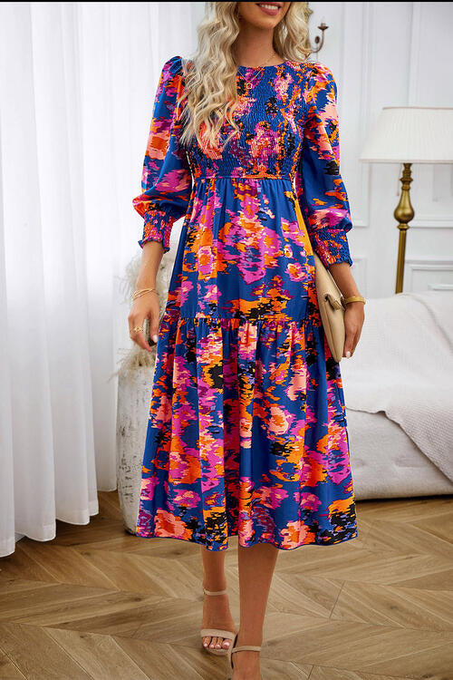 Printed Smocked Lantern Sleeve Ruffled Dress Luvéillé