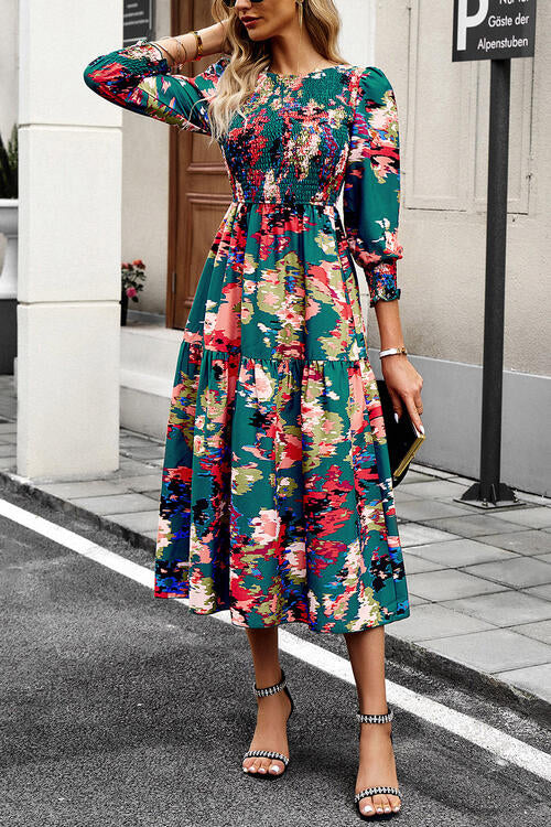 Printed Smocked Lantern Sleeve Ruffled Dress Luvéillé