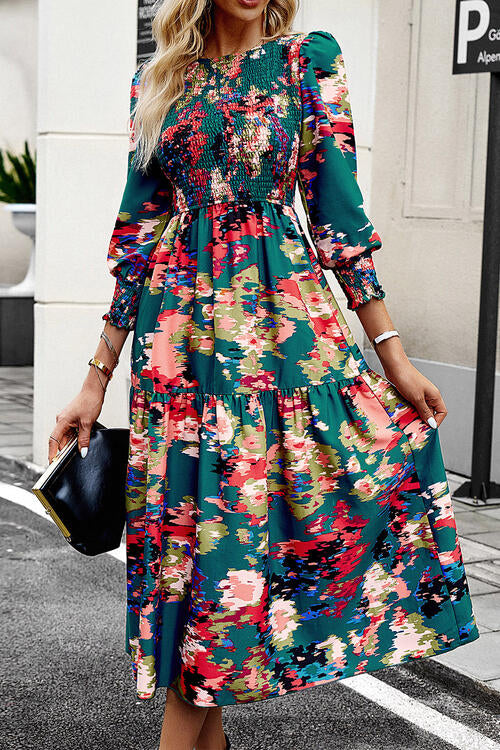 Printed Smocked Lantern Sleeve Ruffled Dress Luvéillé