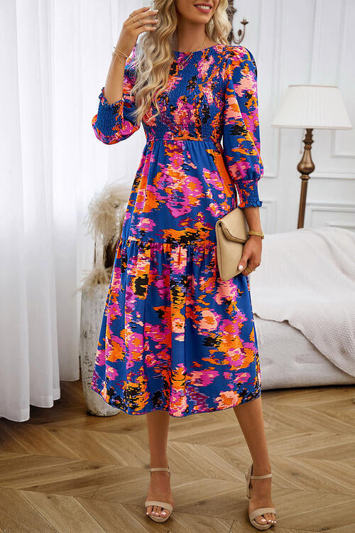 Printed Smocked Lantern Sleeve Ruffled Dress Luvéillé