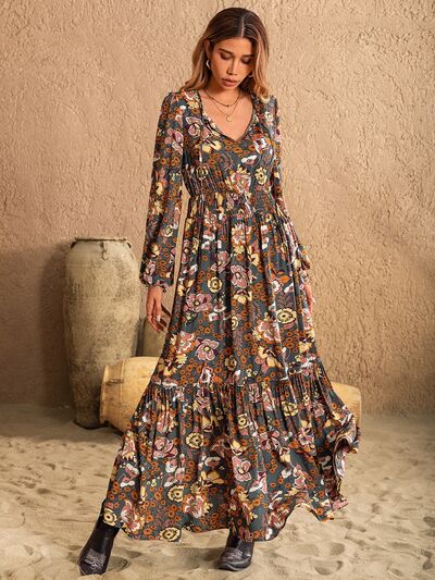 Printed Tie Neck Balloon Sleeve Dress Luvéillé