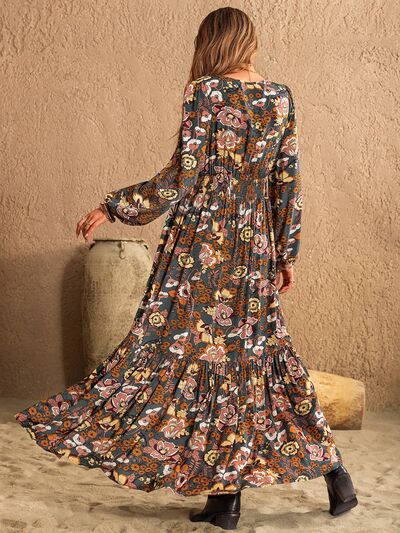 Printed Tie Neck Balloon Sleeve Dress Luvéillé