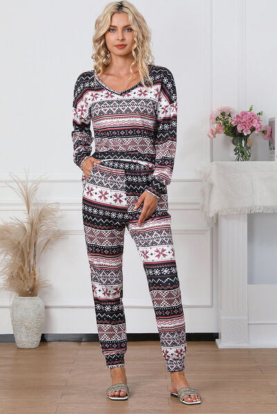 Printed V-Neck Top and Pants Lounge Set Luvéillé