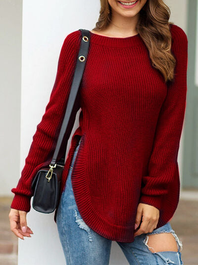 Slit Round Neck Long Sleeve Sweater Luvéillé