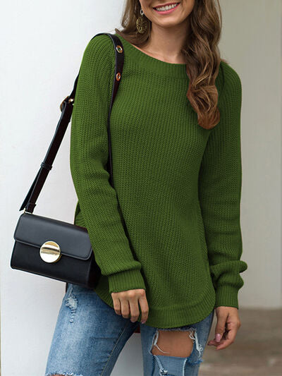 Slit Round Neck Long Sleeve Sweater Luvéillé