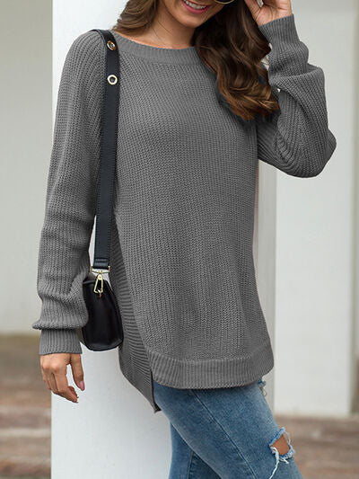 Slit Round Neck Long Sleeve Sweater Luvéillé