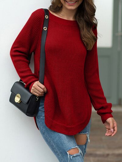 Slit Round Neck Long Sleeve Sweater Luvéillé