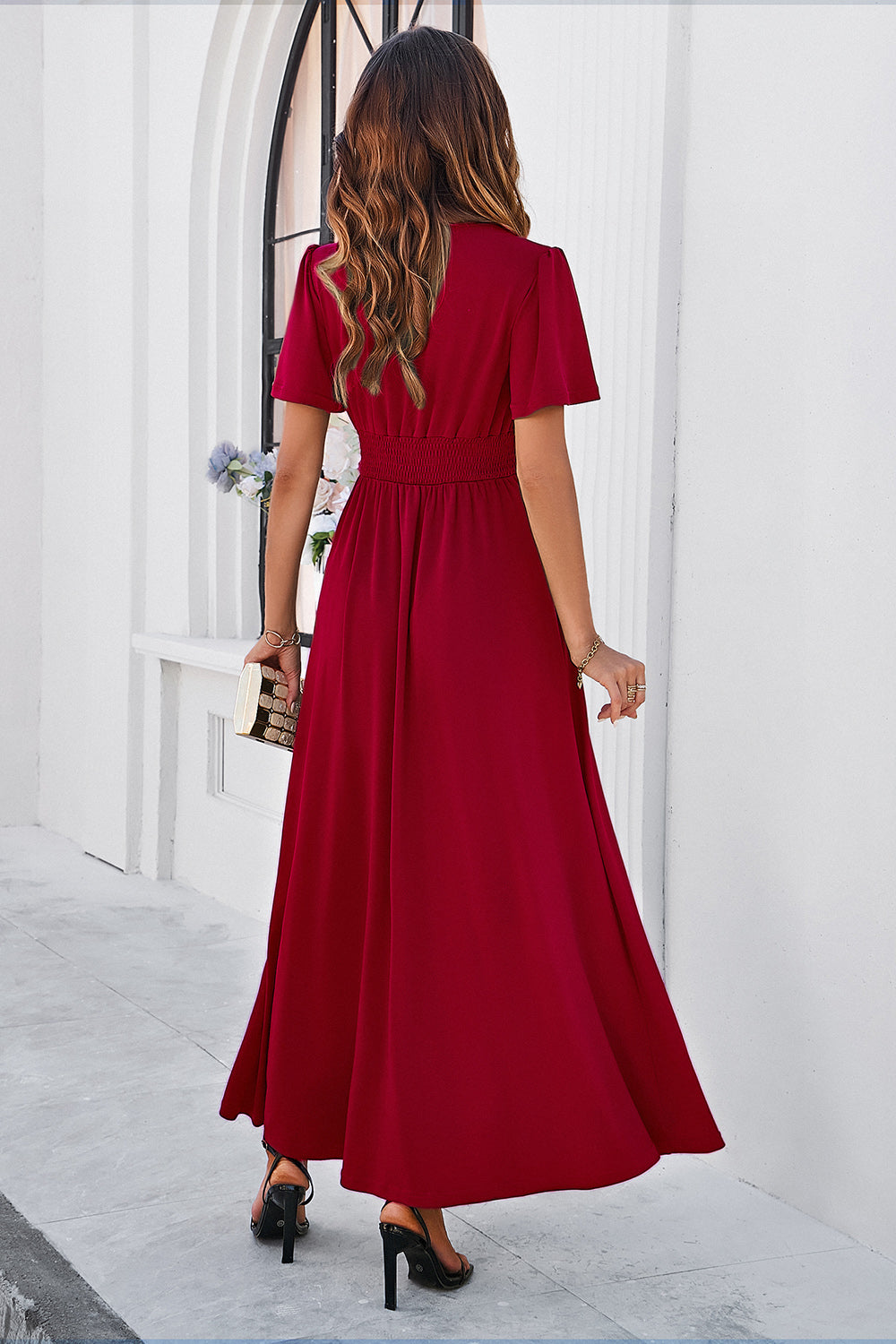 Slit V-Neck Short Sleeve Dress Luvéillé