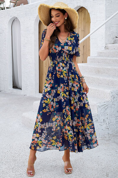 Smocked Floral V-Neck Short Sleeve Dress Luvéillé