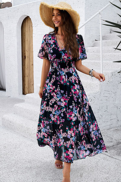 Smocked Floral V-Neck Short Sleeve Dress Luvéillé