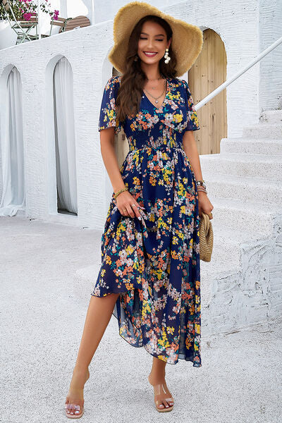 Smocked Floral V-Neck Short Sleeve Dress Luvéillé