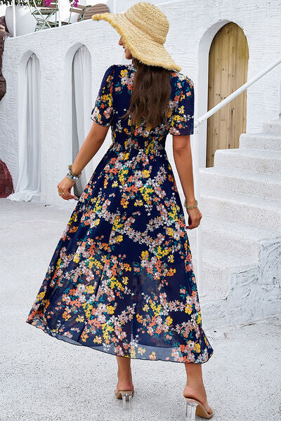 Smocked Floral V-Neck Short Sleeve Dress Luvéillé