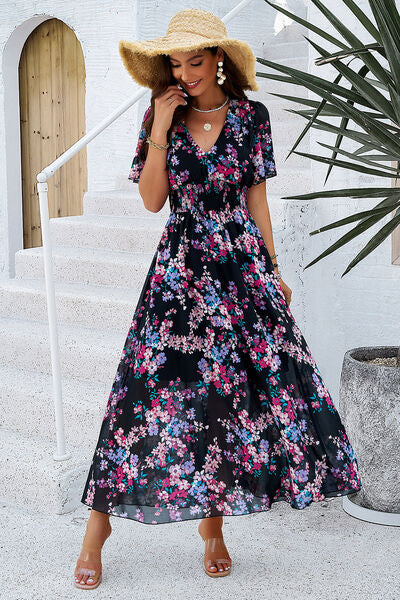 Smocked Floral V-Neck Short Sleeve Dress Luvéillé