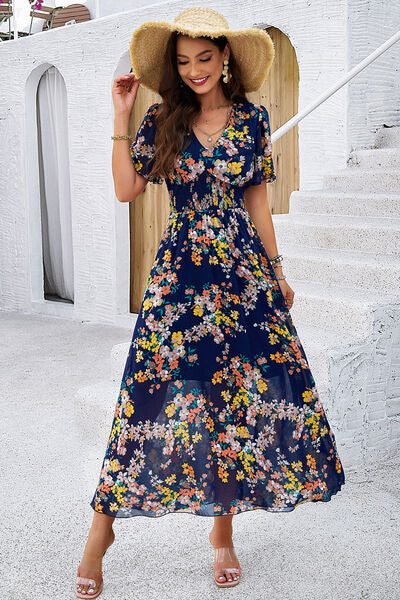 Smocked Floral V-Neck Short Sleeve Dress Luvéillé