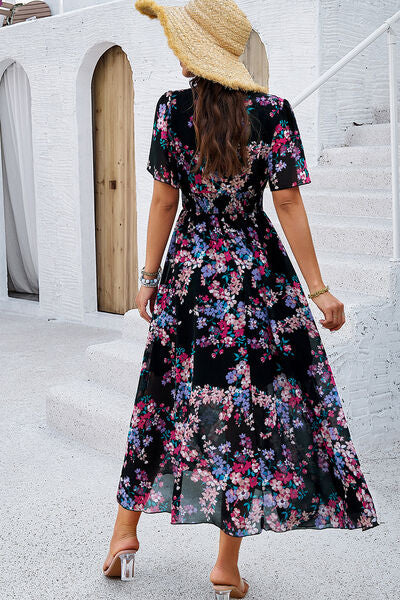 Smocked Floral V-Neck Short Sleeve Dress Luvéillé