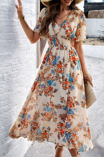 Smocked Floral V-Neck Short Sleeve Dress Luvéillé