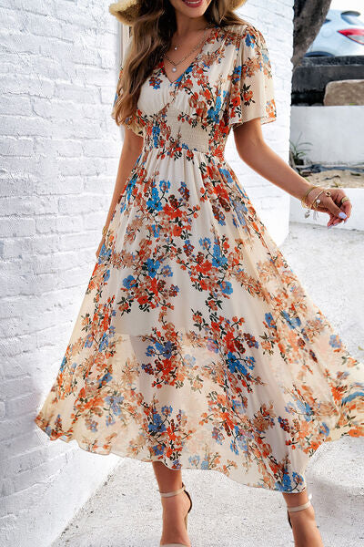 Smocked Floral V-Neck Short Sleeve Dress Luvéillé