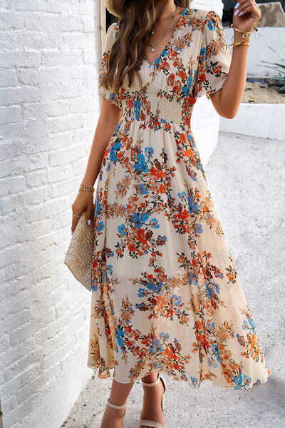 Smocked Floral V-Neck Short Sleeve Dress Luvéillé