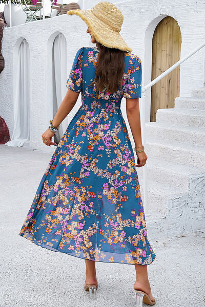 Smocked Floral V-Neck Short Sleeve Dress Luvéillé