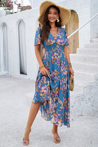 Smocked Floral V-Neck Short Sleeve Dress Luvéillé
