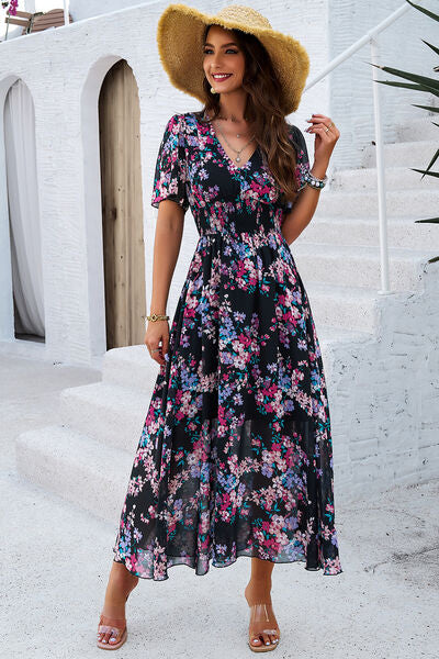 Smocked Floral V-Neck Short Sleeve Dress Luvéillé