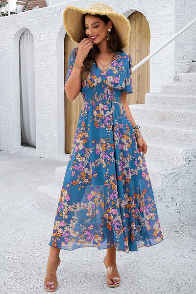 Smocked Floral V-Neck Short Sleeve Dress Luvéillé