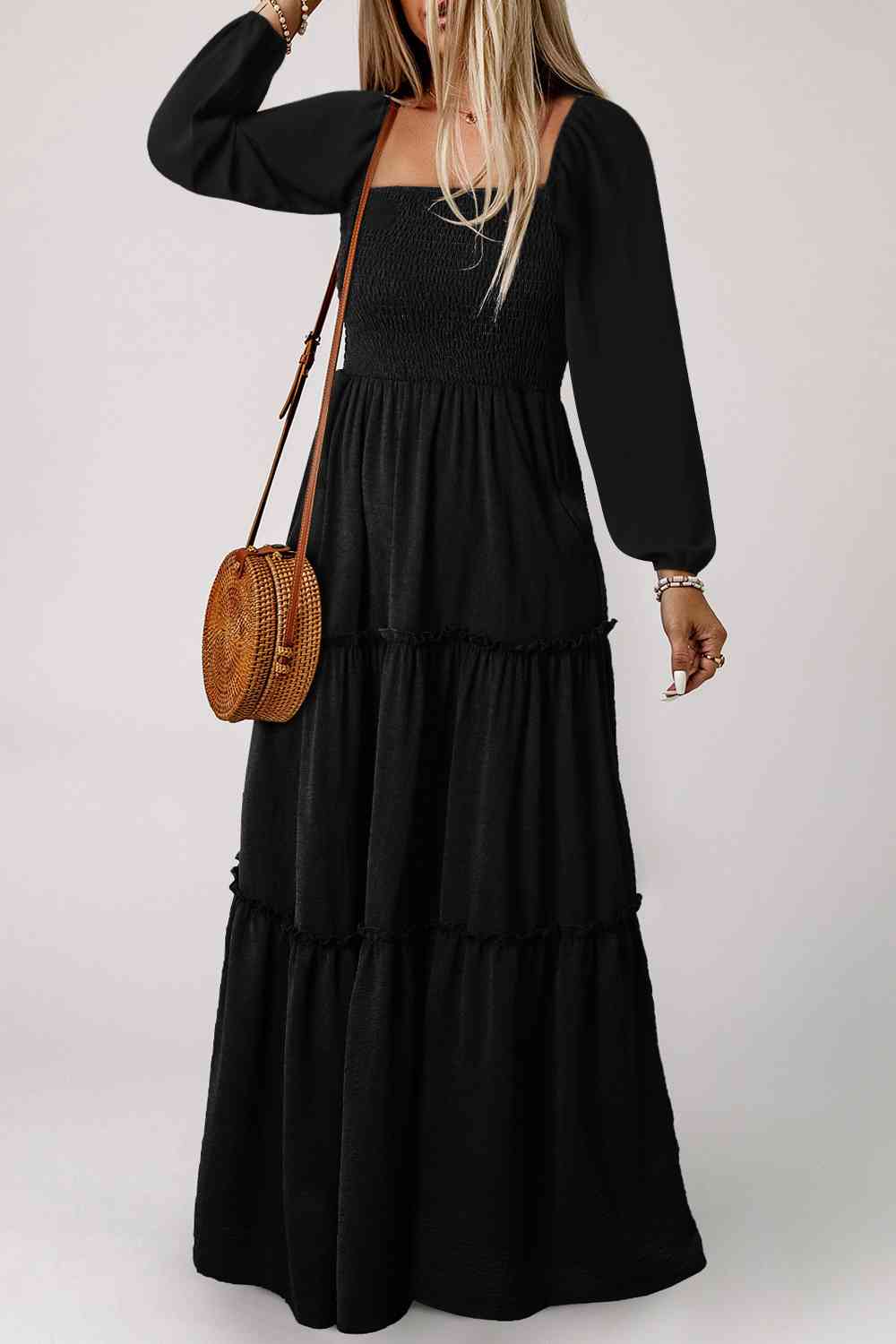 Square Neck Long Sleeve Tiered Dress Luvéillé