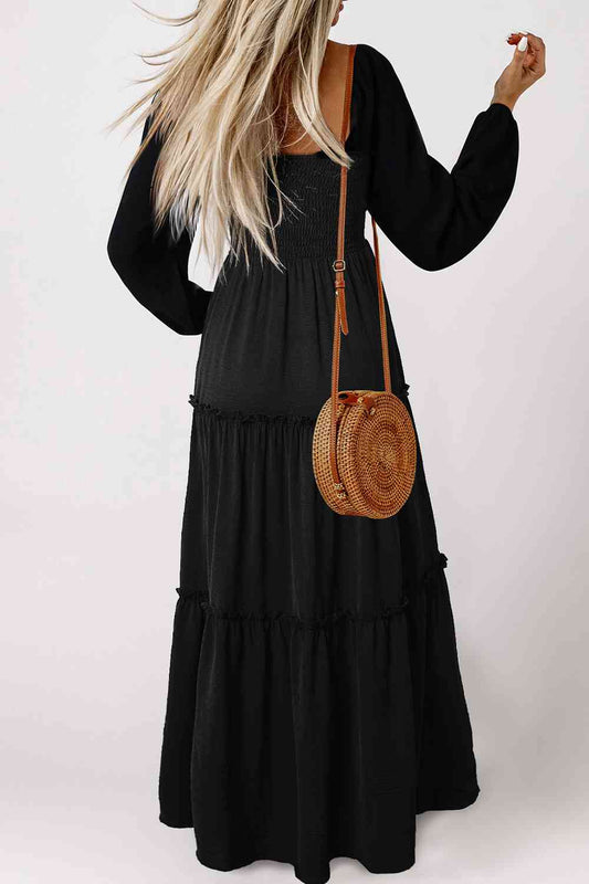 Square Neck Long Sleeve Tiered Dress Luvéillé