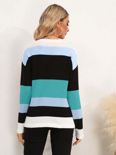 Striped Round Neck Dropped Shoulder Sweater Luvéillé
