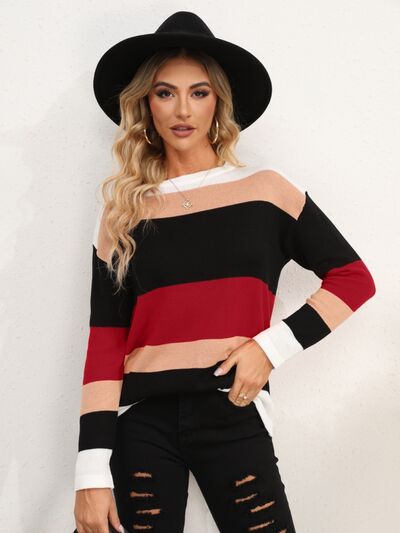 Striped Round Neck Dropped Shoulder Sweater Luvéillé