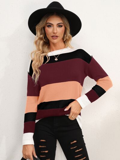 Striped Round Neck Dropped Shoulder Sweater Luvéillé