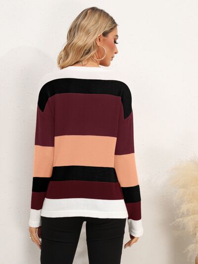 Striped Round Neck Dropped Shoulder Sweater Luvéillé
