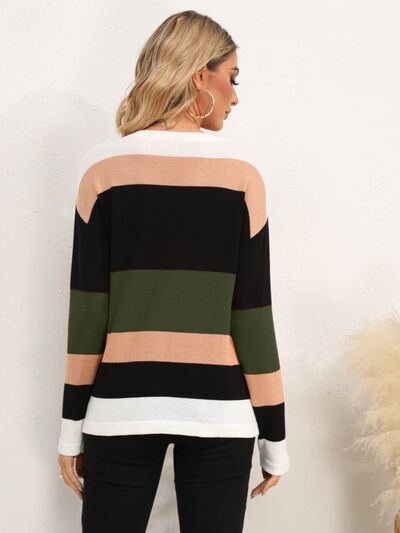 Striped Round Neck Dropped Shoulder Sweater Luvéillé