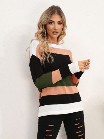 Striped Round Neck Dropped Shoulder Sweater Luvéillé