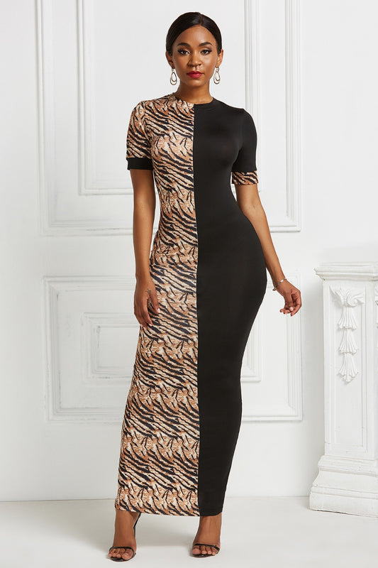 Two-Tone Round Neck Short Sleeve Maxi Dress Luvéillé