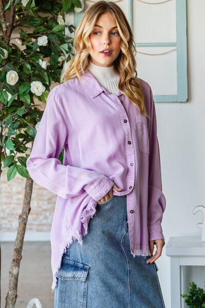 Veveret Raw Hem Button Up Long Sleeve Shirt Luvéillé